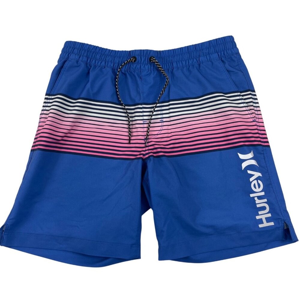 Hurley Mens M Blue Swim Trunks W/ Striped Design Elastic Waistband & Drawstring